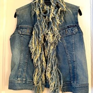 DKNY Denim Vest with Blue and Cream Fringe Scarf
